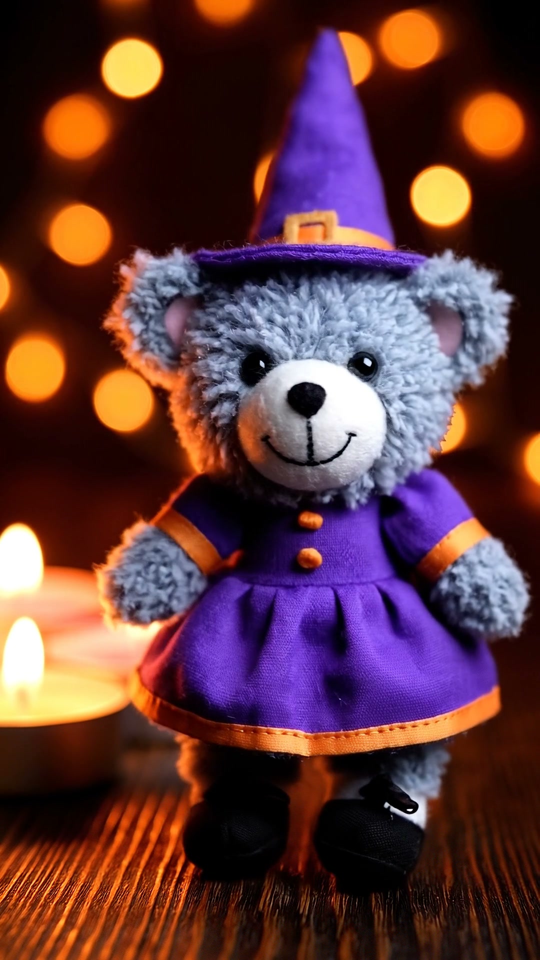 A small grey plush toy wearing a miniature purple witch dress and hat, lit by candles